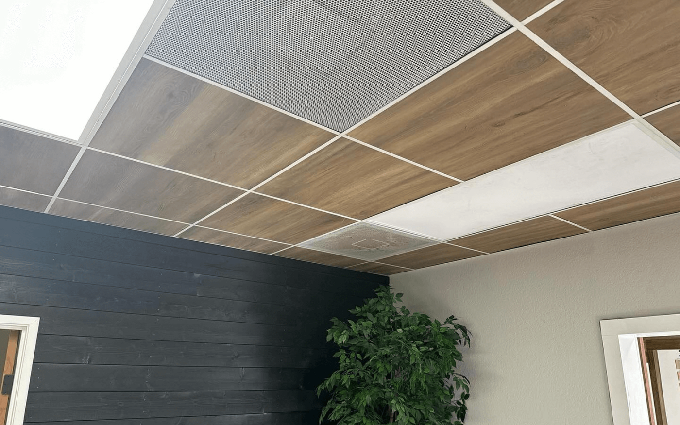 Suspended grid ceiling combining wood-look tiles with a perforated acoustic panel above a dark shiplap wall