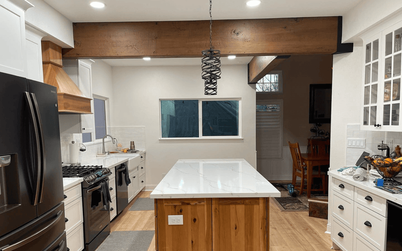 Rustic Kitchen Faux Beam Installation — Northern California.