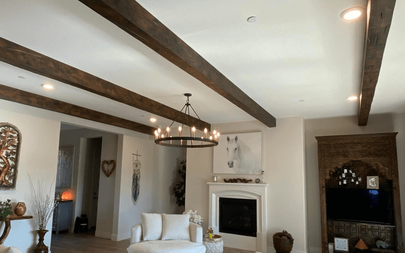 Rustic Living Room Faux Beam Installation — Northern California.