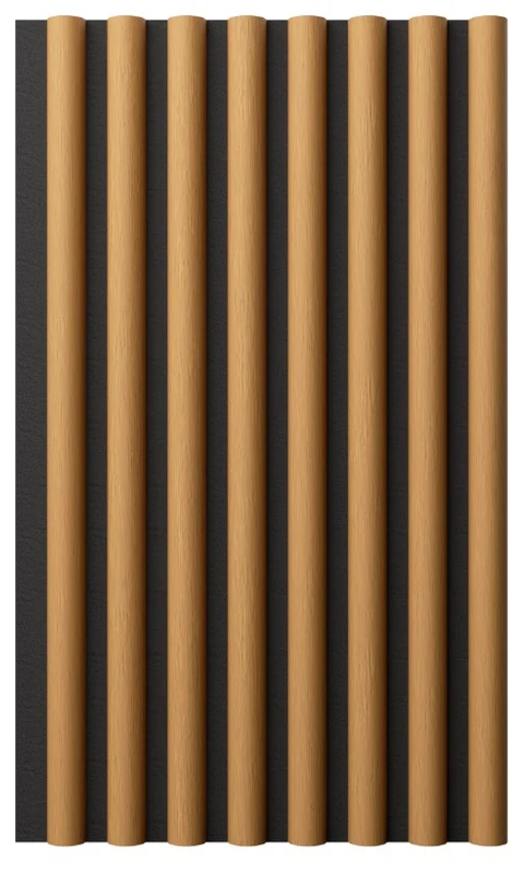 Wall accent panel with half-round slats over a black backing board