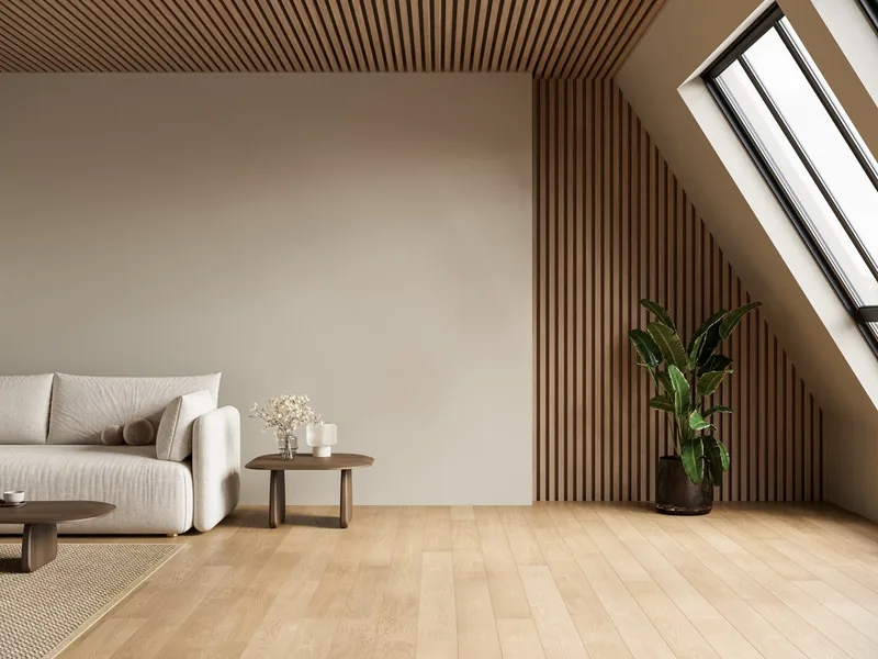 Vertical wood slat feature wall with a matching slatted ceiling